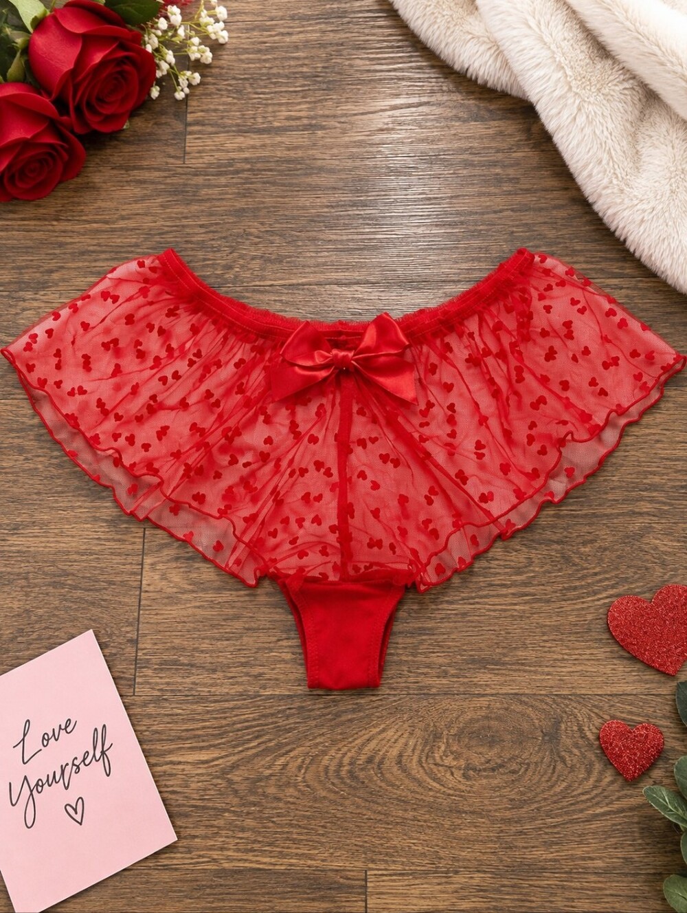 Women's Heart Print Mesh Sheer Ruffle Boyshort Cheeky Valentine Panty Large -B